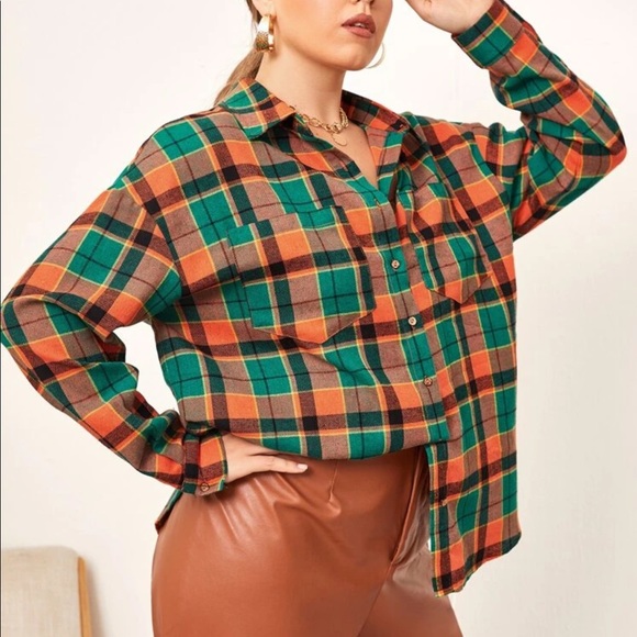 Women’s Plaid Green & Orange Drop Shoulder Blouse - Picture 2 of 5